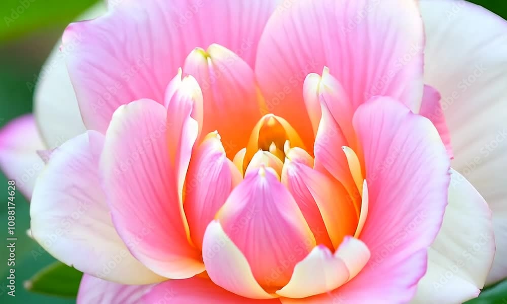 Lush pink camellias blooming in a soft light, close up Lush pink camellias blooming in a soft light, close up