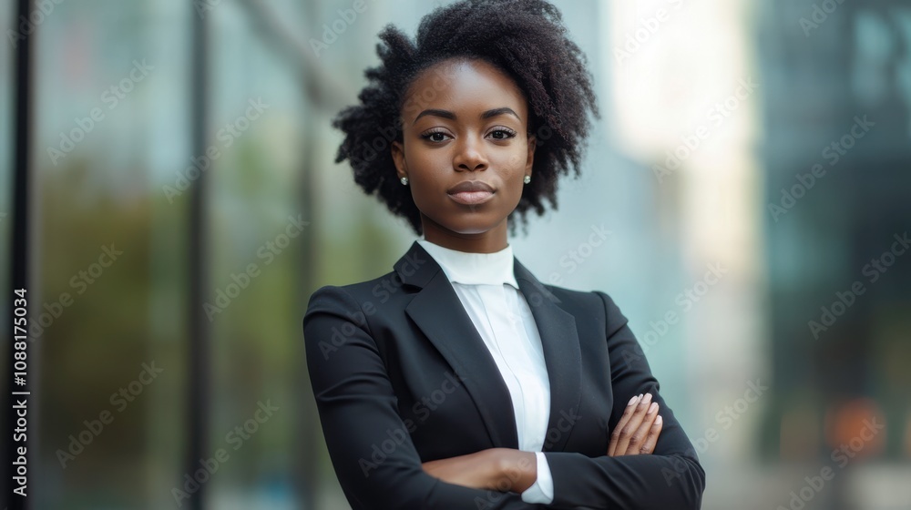 Confident African-American Woman in Business Suit Portrays Strength and Success in Urban Environment. Generative AI Confident African-American Woman in Business Suit Portrays Strength and Success in Urban Environment. Generative AI