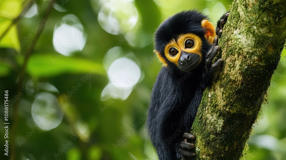Fototapeta premium Realistic illustration of a monkey sitting in a tree, surrounded by lush greenery, capturing the essence of wildlife and nature in a serene jungle setting.