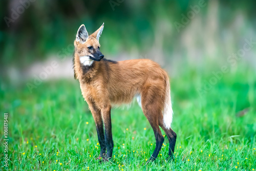 Wild Guará wolf (Chrysocyon brachyurus) one of the rarest wolves in the world lives in the Brazilian cerrado biome feeds on fruits and meat.