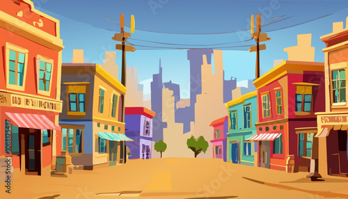 Cartoon city street with buildings. Vector illustration in flat style.