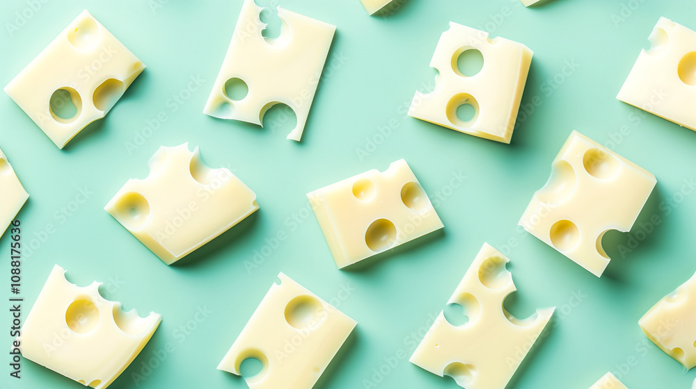 Pattern of Swiss Cheese Slices with Holes, Seamlessly Repeating. Pattern of Swiss Cheese Slices with Holes, Seamlessly Repeating.