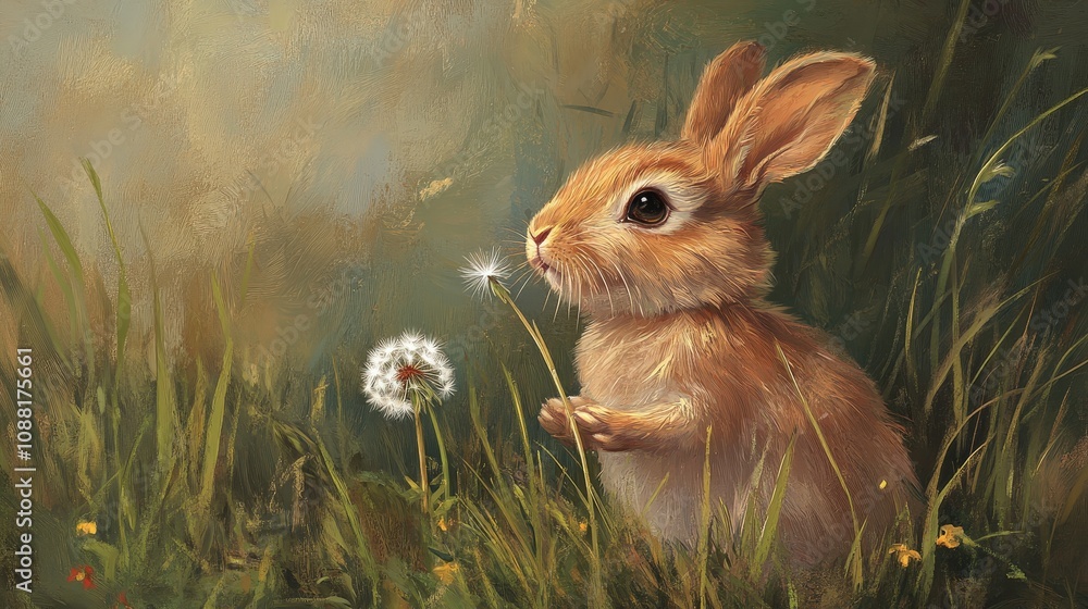 Fototapeta premium A curious bunny exploring a patch of grass, its nose twitching and ears perked up.