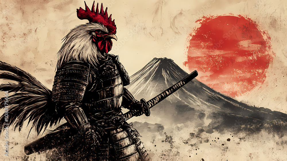 A rooster in samurai armor with a katana sword, a red sun and mountain behind him, grunge effect. Ancient Samurai Battle. Illustration A rooster in samurai armor with a katana sword, a red sun and mountain behind him, grunge effect. Ancient Samurai Battle. Illustration