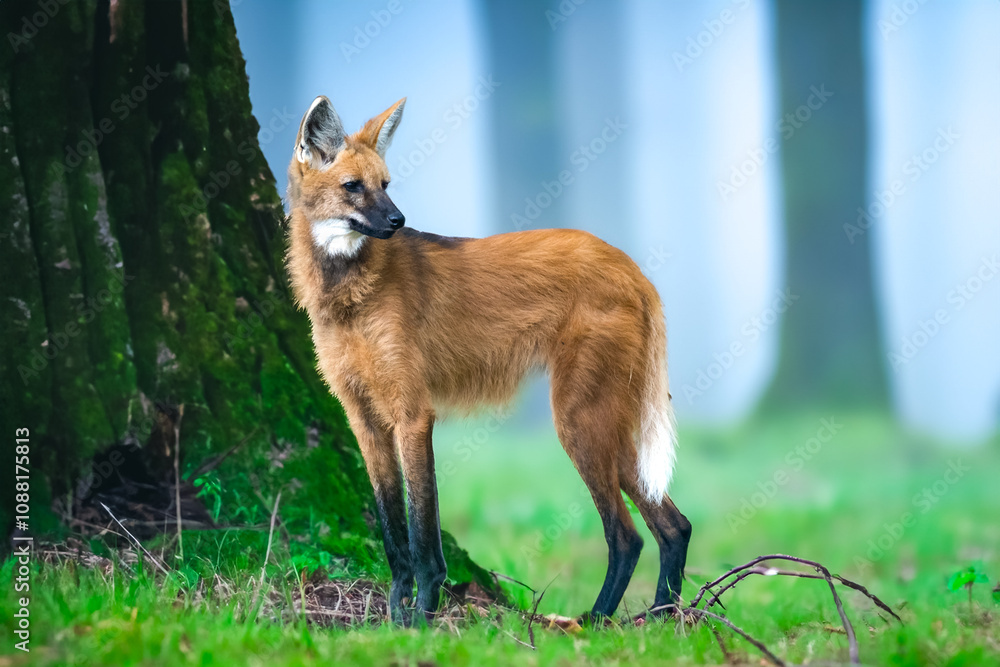 Obraz premium Wild Guará wolf (Chrysocyon brachyurus) one of the rarest wolves in the world lives in the Brazilian cerrado biome feeds on fruits and meat.