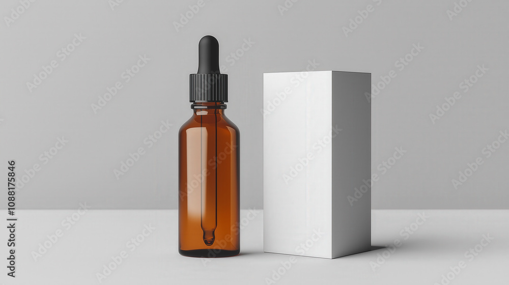 Amber glass dropper bottle with matching box on neutral background