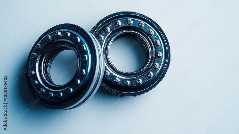 Two metallic wheel bearings on a light blue background. Two metallic wheel bearings on a light blue background.