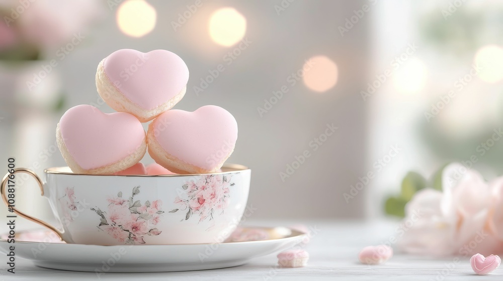 valentine date night sweetness concept, A delicate tea cup holds heart-shaped pink macarons, creating a romantic and charming dessert display, perfect for special occasions. valentine date night sweetness concept, A delicate tea cup holds heart-shaped pink macarons, creating a romantic and charming dessert display, perfect for special occasions.