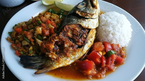 Enjoying Steamed Hot Rice with Fast-Fried Fish and Crispy Fried Temper Topped with Spicy Chili and Onions. A Flavorful and Savory Meal Perfect for Lovers of Bold Flavors. photo