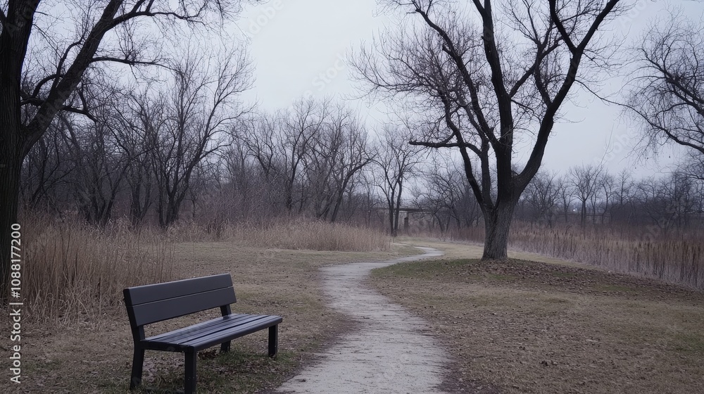 A desolate park bench under a gray sky, surrounded by barren trees and empty paths, A desolate park bench under a gray sky, surrounded by barren trees and empty paths,