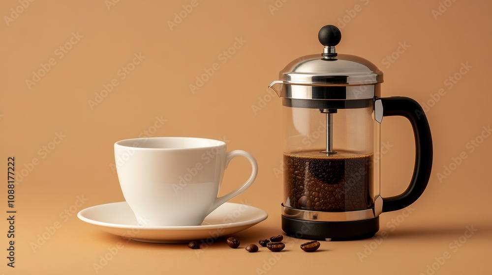 Enjoying a Cozy Coffee Break With a French Press and a Warm Cup in Minimal Style. Generative AI Enjoying a Cozy Coffee Break With a French Press and a Warm Cup in Minimal Style. Generative AI