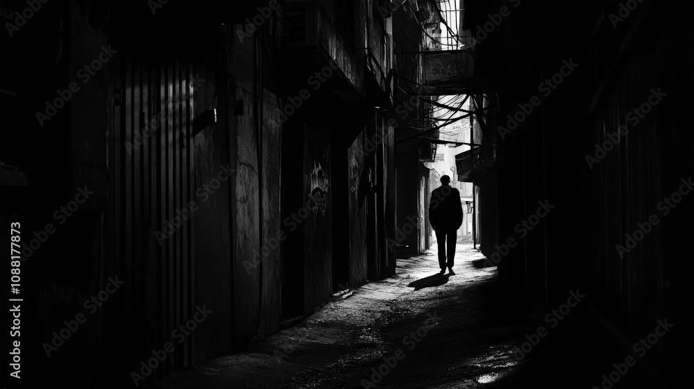 A dimly lit alley with a single figure standing at the far end, the air thick with silence and shadows, evoking a deep feeling of isolation and loneliness in the scene A dimly lit alley with a single figure standing at the far end, the air thick with silence and shadows, evoking a deep feeling of isolation and loneliness in the scene