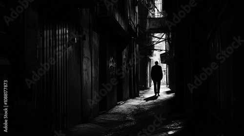 A dimly lit alley with a single figure standing at the far end, the air thick with silence and shadows, evoking a deep feeling of isolation and loneliness in the scene