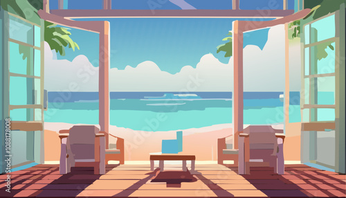 Sea view from the terrace of the house. Vector illustration.