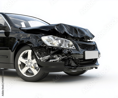 Damaged car with a crumpled front bumper, on white background. PNG transparent.