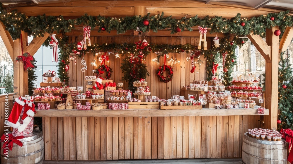 A festive Christmas market-themed photo booth with wooden stalls, holiday treats, and festive decor A festive Christmas market-themed photo booth with wooden stalls, holiday treats, and festive decor