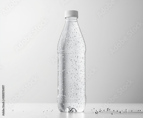 Clear plastic water bottle with condensation droplets, on white background. PNG transparent.