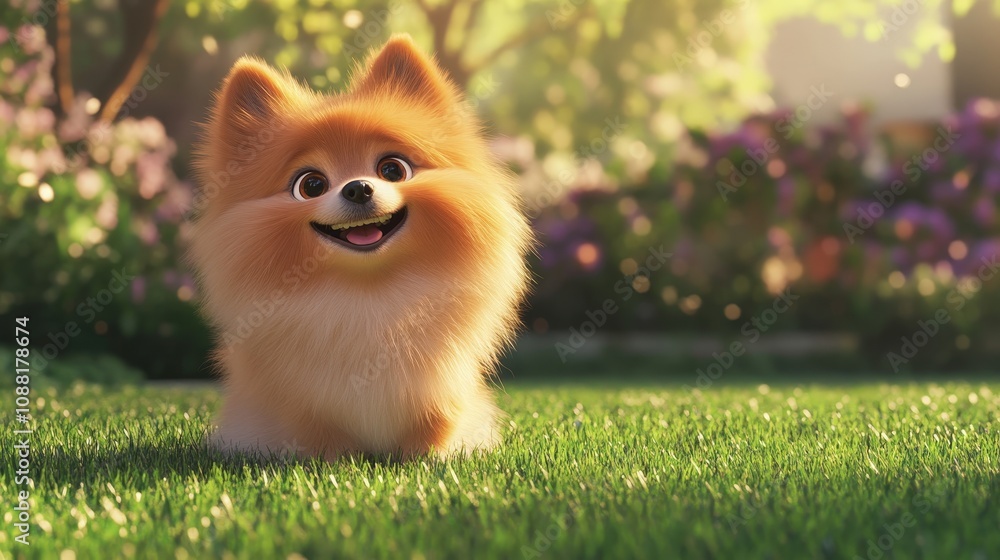 A fluffy Pomeranian sitting proudly on a grassy lawn, looking up with a cheerful expression A fluffy Pomeranian sitting proudly on a grassy lawn, looking up with a cheerful expression