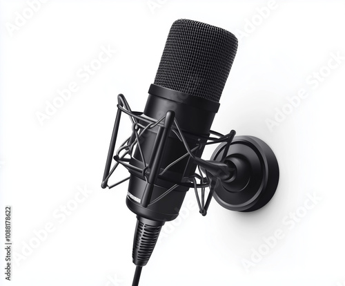 Black wired microphone with cable, on white background. PNG transparent.