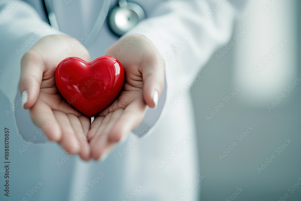 Caring hands hold a red heart symbolizing compassion in a healthcare setting. Caring hands hold a red heart symbolizing compassion in a healthcare setting.