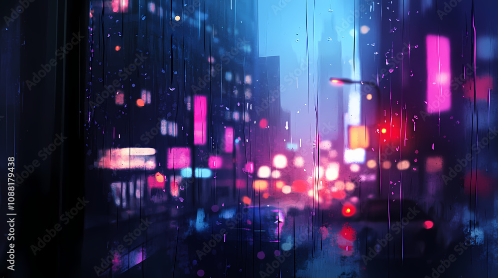 Fototapeta premium A rainy night in the city, with blurred lights and raindrops on a window. Melancholic Rainy Night. Illustration