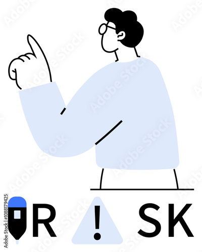 Man with glasses pointing upward. The text RISK appears with an exclamation mark inside a triangle. Ideal for business presentations, risk management, decision-making guides, leadership training