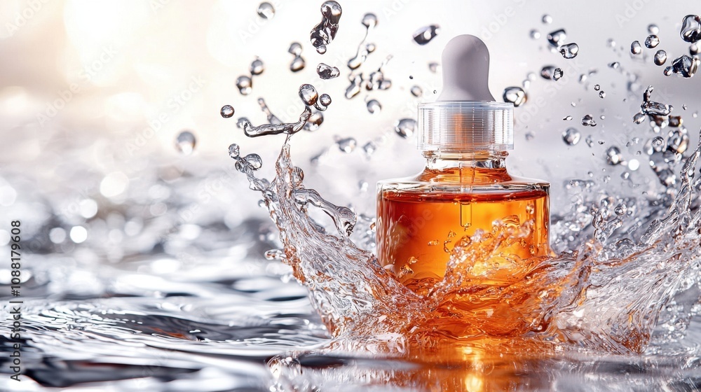 Amber serum bottle in water splash. Amber serum bottle in water splash.