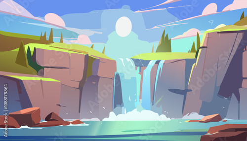 Waterfall on the river. Cartoon vector illustration in flat style.