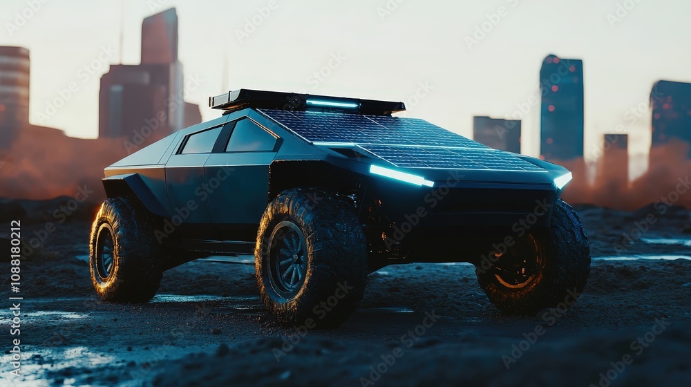 A futuristic SUV with solar-powered panels, off-road capability, and enhanced suspension, designed for both city and rugged outdoor adventures A futuristic SUV with solar-powered panels, off-road capability, and enhanced suspension, designed for both city and rugged outdoor adventures
