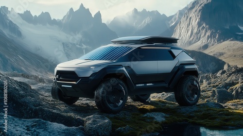 A futuristic SUV with solar-powered panels, off-road capability, and enhanced suspension, designed for both city and rugged outdoor adventures