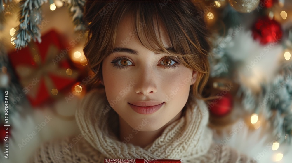 Beautiful Young Woman with Brown Eyes and Dark Hair sitting near Christmas Tree, Festive Holiday Mood Beautiful Young Woman with Brown Eyes and Dark Hair sitting near Christmas Tree, Festive Holiday Mood