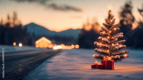 Illuminated Christmas tree with presents on snowy roadside at sunset.