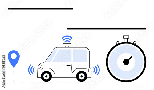 Autonomous car with GPS pin and stopwatch. Ideal for technology, transportation, innovation, punctuality, automation, navigation, and efficiency discussions. Line metaphor