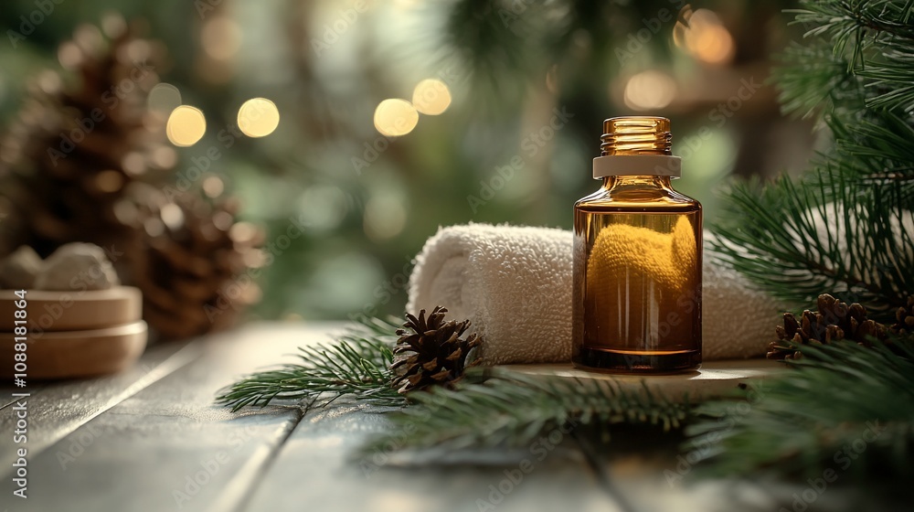 Amber bottle essential oil with pine, towel, and cones on wooden surface. Amber bottle essential oil with pine, towel, and cones on wooden surface.