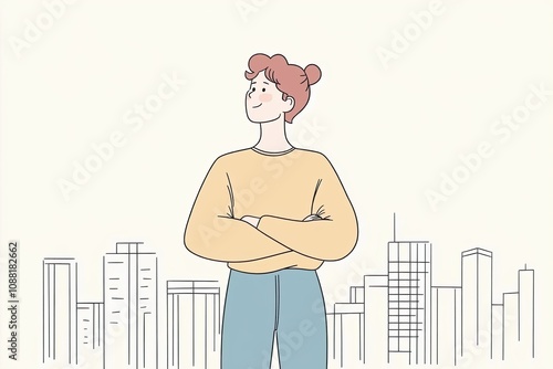 A confident person stands proudly in front of a modern skyscraper, embodying a spirit of empowerment and individuality in an urban setting. Ideal for themes of success and urban lifestyle.