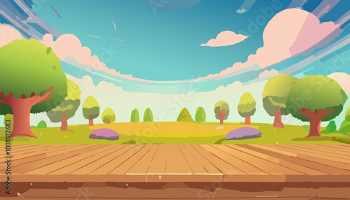 Wooden boardwalk in the park. Vector illustration in cartoon style