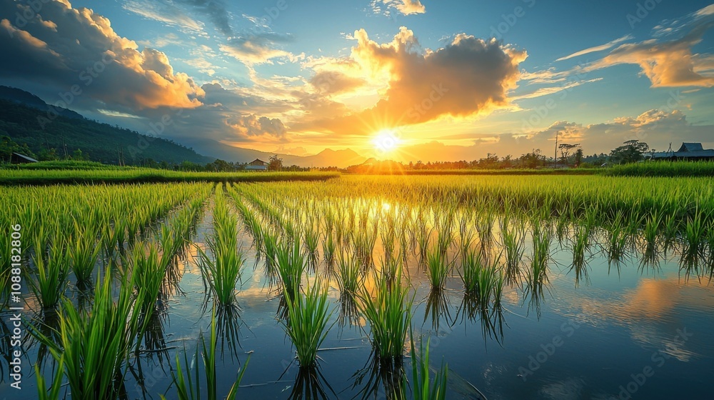 Golden Sunset over Lush Rice Paddy Fields Rural Landscape Golden Sunset over Lush Rice Paddy Fields Rural Landscape