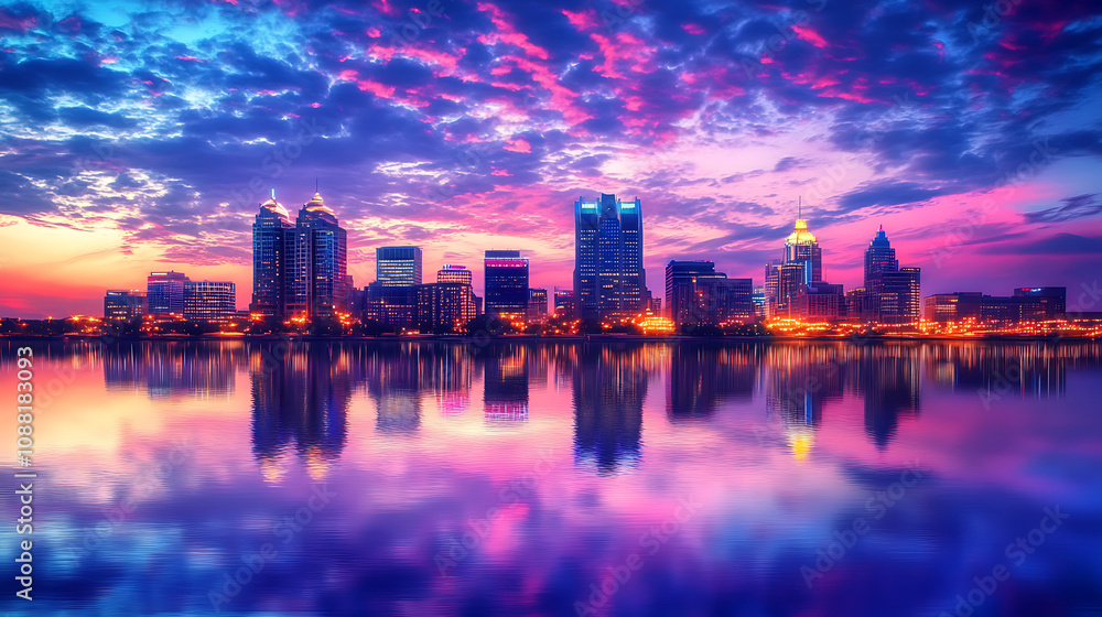 Skyline of a city at dusk during summer with lights starting to twinkle against a colorful sky Skyline of a city at dusk during summer with lights starting to twinkle against a colorful sky