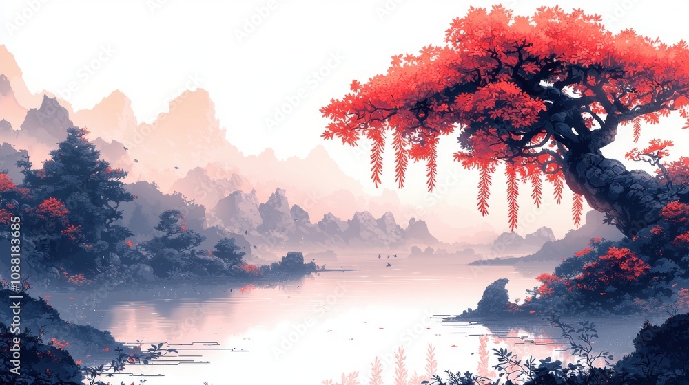 Fototapeta Serene Asian Landscape Calm Lake Red Tree Mountains