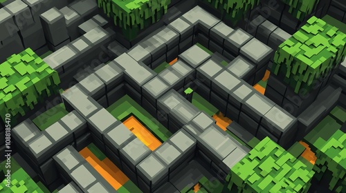 Intricate Pixel Maze Design with Vibrant Colors and Abstract Geometric Patterns, Featuring a Complex Labyrinthine Layout for Puzzle and Game Concepts.