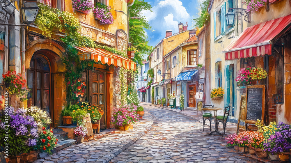 Fototapeta premium Rustic European street with cobblestones, vintage cafés, and colorful flowers in window boxes.
