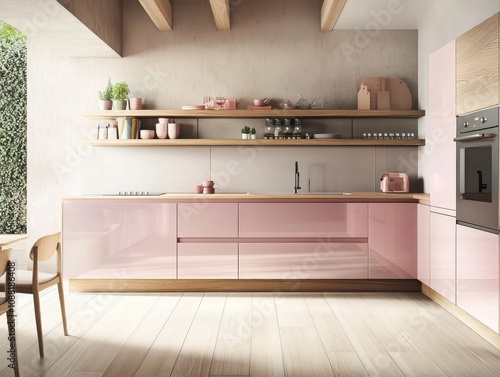 Modern Pink Kitchen Design With Wooden Accents And Greenery photo