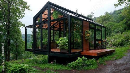 Modern glass house surrounded by lush greenery in a serene natural setting.