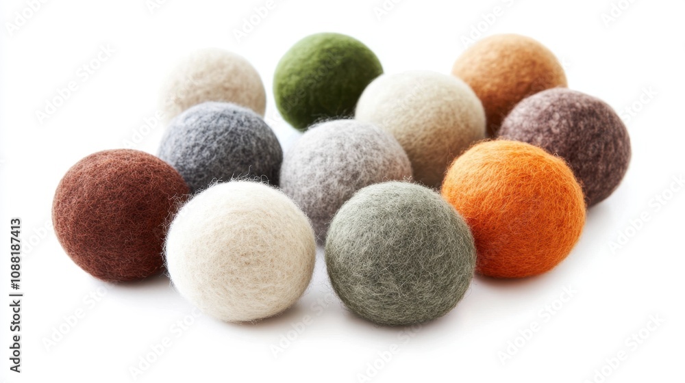 Eco-Friendly Wool Dryer Balls Set in Natural Tones on White Background Eco-Friendly Wool Dryer Balls Set in Natural Tones on White Background
