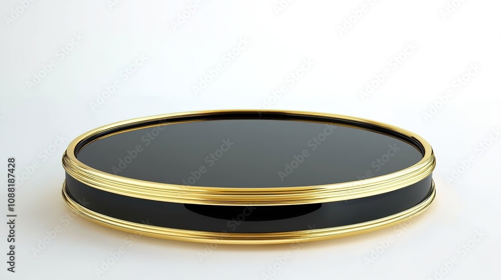 A sleek and elegant round black and gold podium pedestal, designed for product advertising. The podium features a polished surface and sophisticated color combination, perfect for showcasing luxury A sleek and elegant round black and gold podium pedestal, designed for product advertising. The podium features a polished surface and sophisticated color combination, perfect for showcasing luxury
