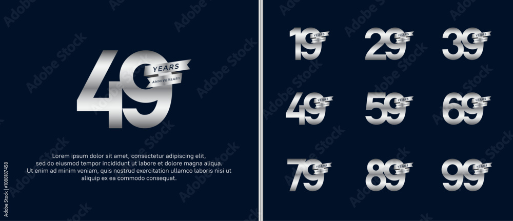 set of anniversary logo flat silver color with ribbon for celebration moment set of anniversary logo flat silver color with ribbon for celebration moment