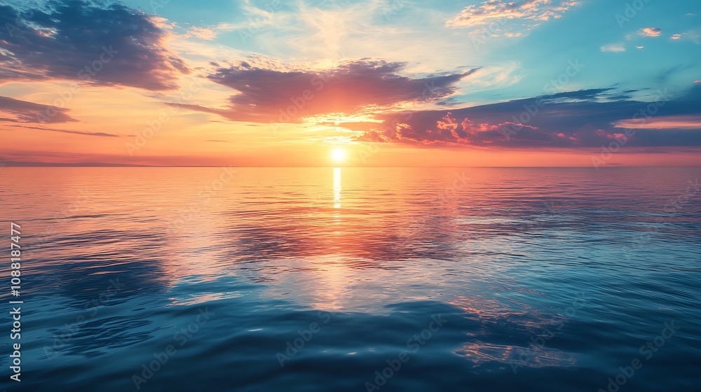 Fototapeta premium Sunset over ocean, colorful sky, peaceful scene