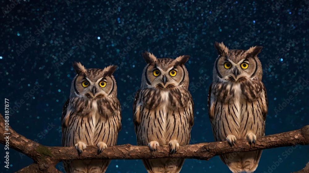 Three owls perched on a branch under a starry night sky in a serene woodland setting Three owls perched on a branch under a starry night sky in a serene woodland setting