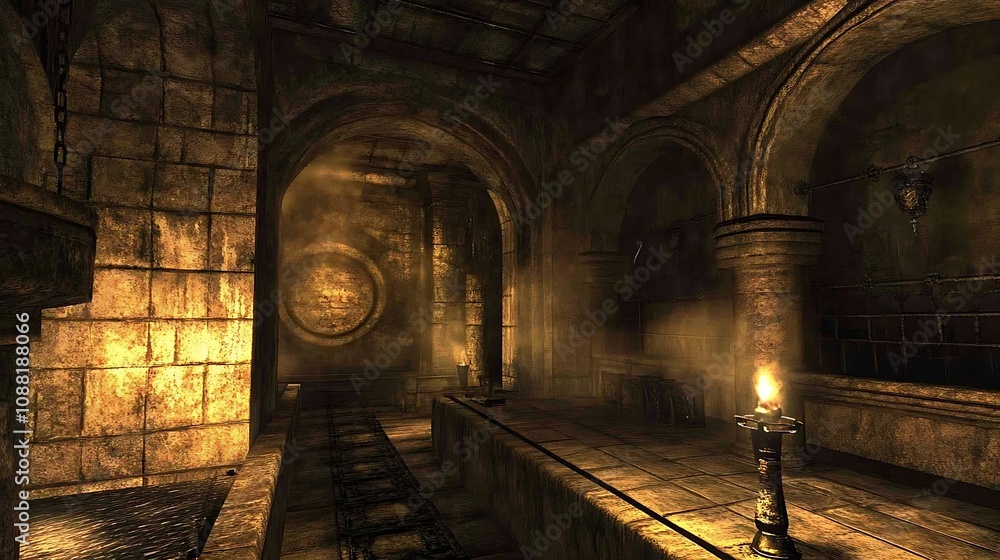 Dark, ancient stone corridor with arched ceilings, tracks, and a candle. Dark, ancient stone corridor with arched ceilings, tracks, and a candle.