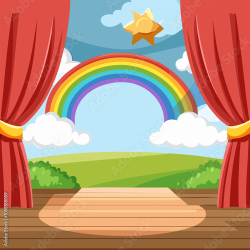 Background scene with red curtain and rainbow in the sky illustration vector.